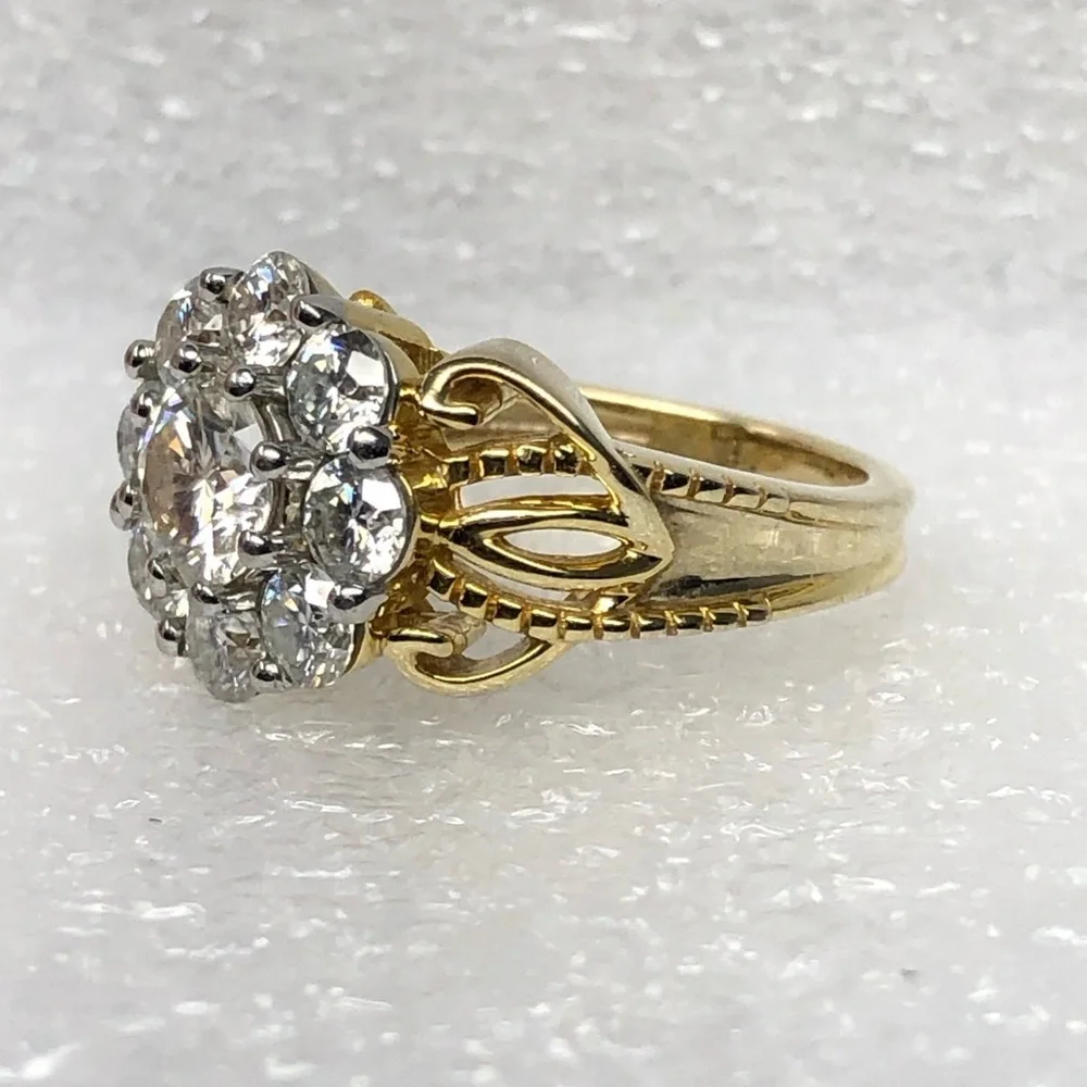 Moissanite Fire Ring 14K Yellow Gold Over 925 Silver Cluster Flower Size 6